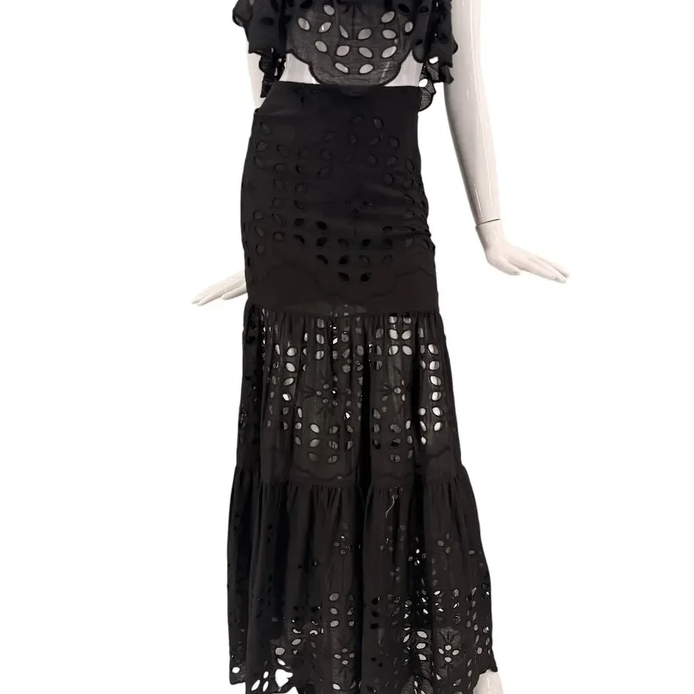 Luxxel Palm Chains Eyelet Embroidered Two Piece Maxi Skirt Set Black Women's S